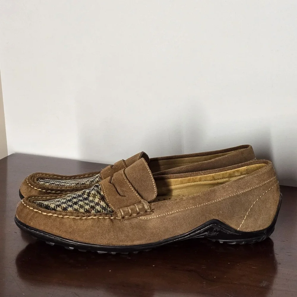 Martin Dingman Suede Driving Loafers Tan Woven Penny Slip On Men's 10.5M